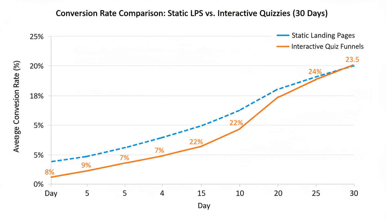 quiz maker - Data trend graph comparing the average conversion rates of static landing pages versus interactive quiz funnels over a 30-day period