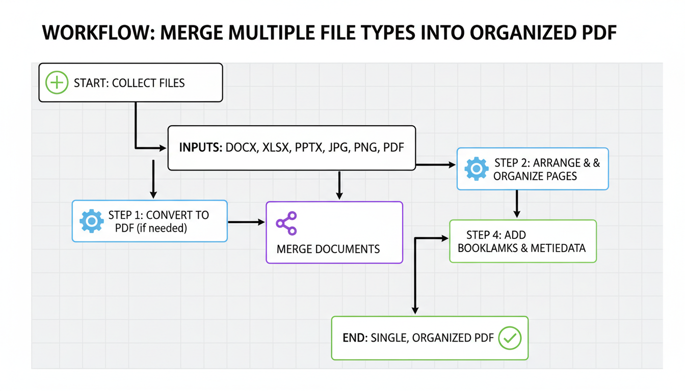 PDF organizor - Professional minimalist flowchart showing the step-by-step workflow of merging multiple file types into a single organized PDF document