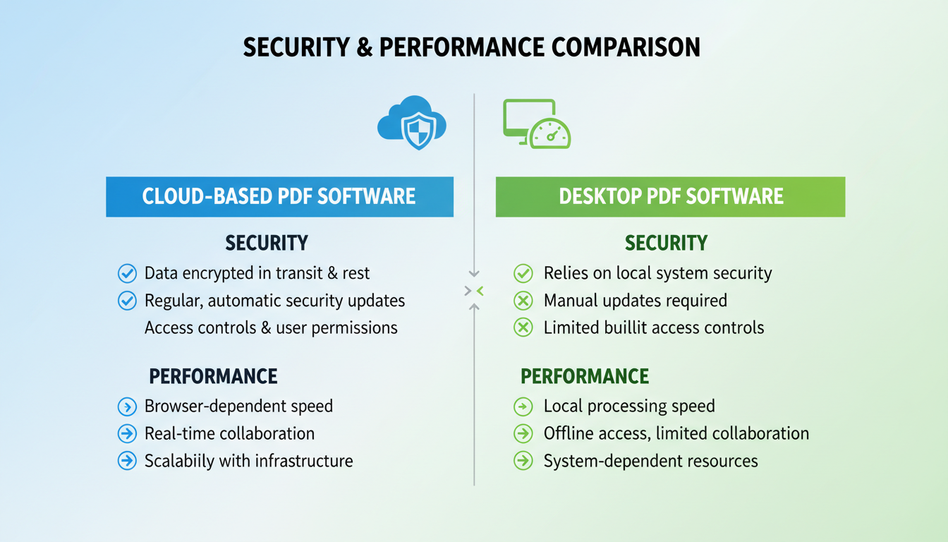 PDF organizor - High-quality comparison chart graphic illustrating the security and performance differences between cloud-based and desktop PDF software