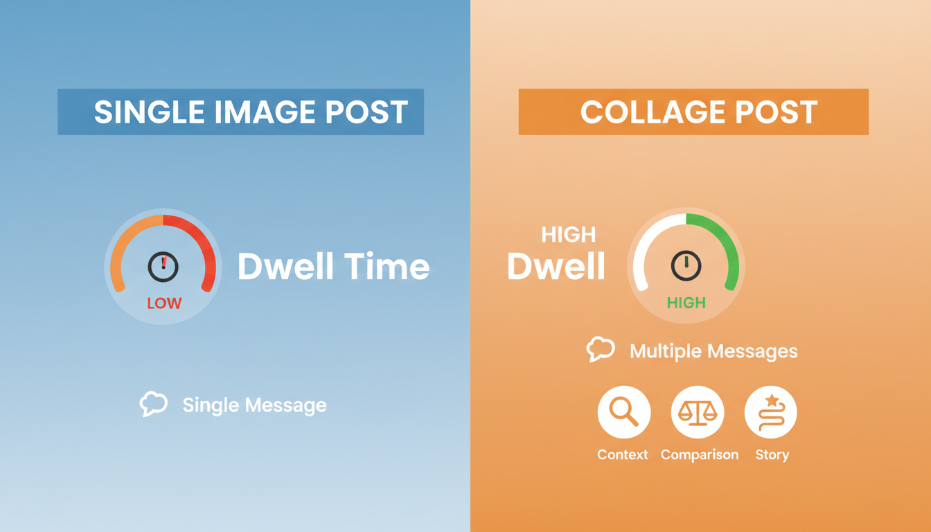 A high-quality infographic comparing a single image post to a collage post. The single image side shows a low 'Dwell Time' gauge and 'Single Message'. The collage side shows a high 'Dwell time' gauge, 'Multiple Messages', and icons for 'Context', 'Comparison', and 'Story'.