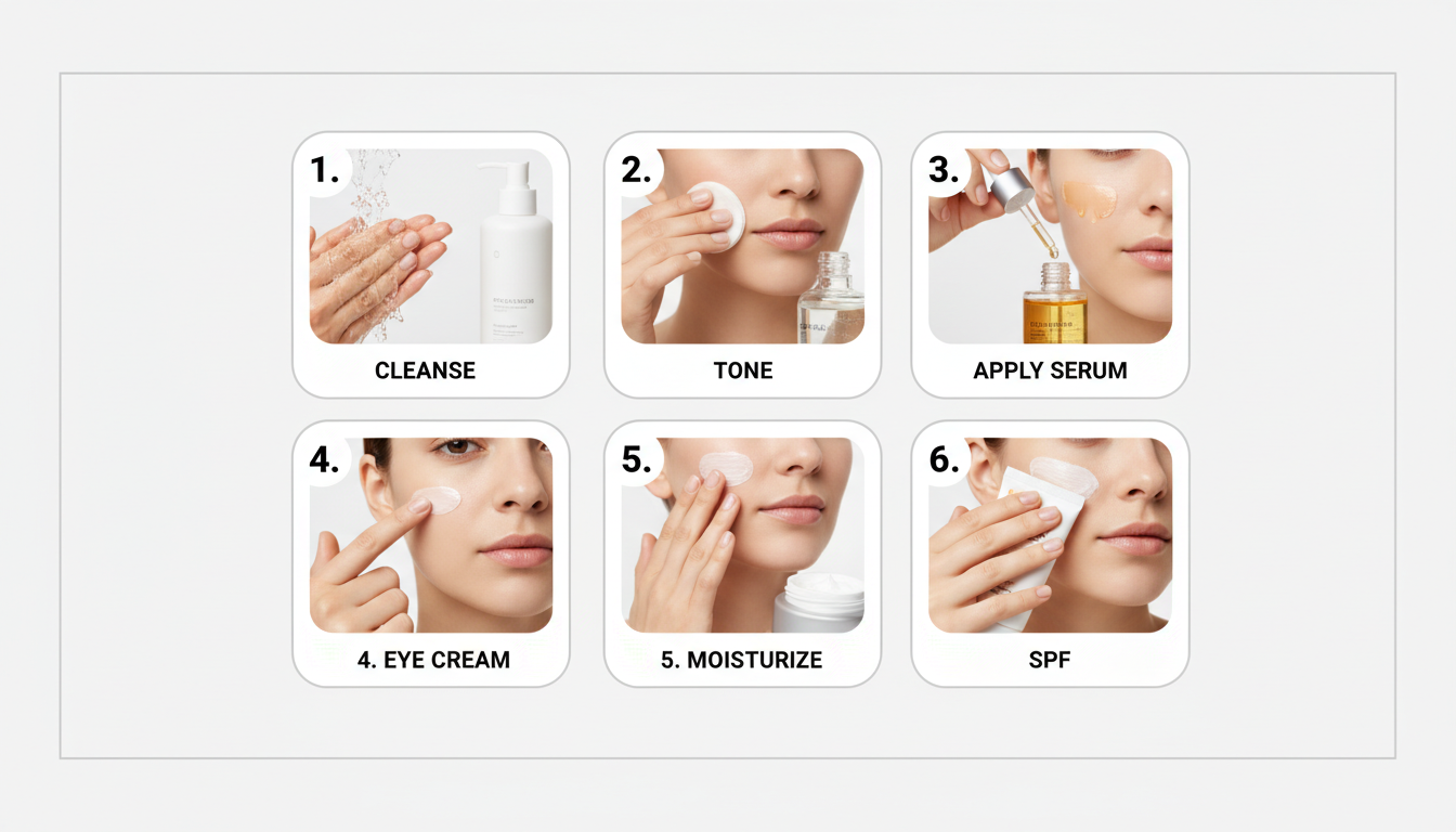 A clean, numbered step-by-step diagram in a 2x3 grid format, showing how to use a skincare product. Each step has a clear image and a very short text label like '1. Cleanse', '2. Apply Serum', etc.