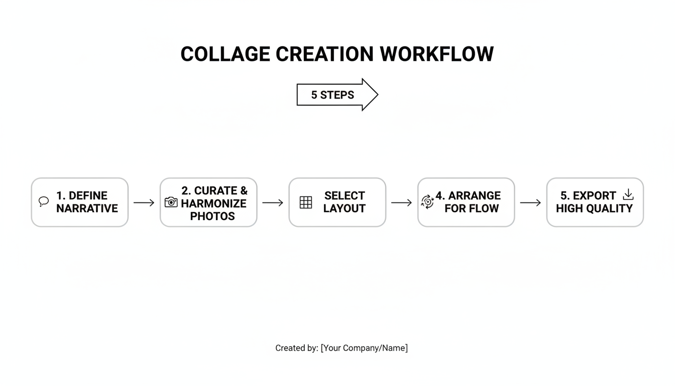 A professional minimalist flowchart showing the 5-step workflow of collage creation: 1. Define Narrative -> 2. Curate & Harmonize Photos -> 3. Select Layout -> 4. Arrange for Flow -> 5. Export High Quality.