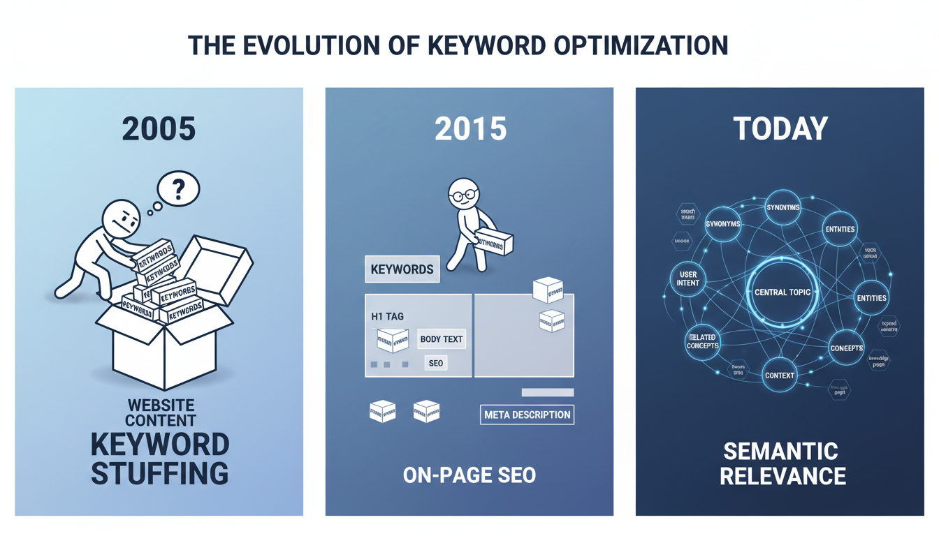 Keyword Density Checker - A sleek, modern infographic titled "The Evolution of Keyword Optimization." On the left, a "2005" section shows a stick figure stuffing keywords into a box (labeled "Keyword Stuffing"). In the middle, a "2015" section shows a slightly smarter figure placing keywords in H1, body, and meta tags (labeled "On-Page SEO"). On the right, a "Today" section shows a sophisticated network graph connecting a central topic to related concepts like "synonyms," "user intent," and "entities" (labeled "Semantic Relevance").