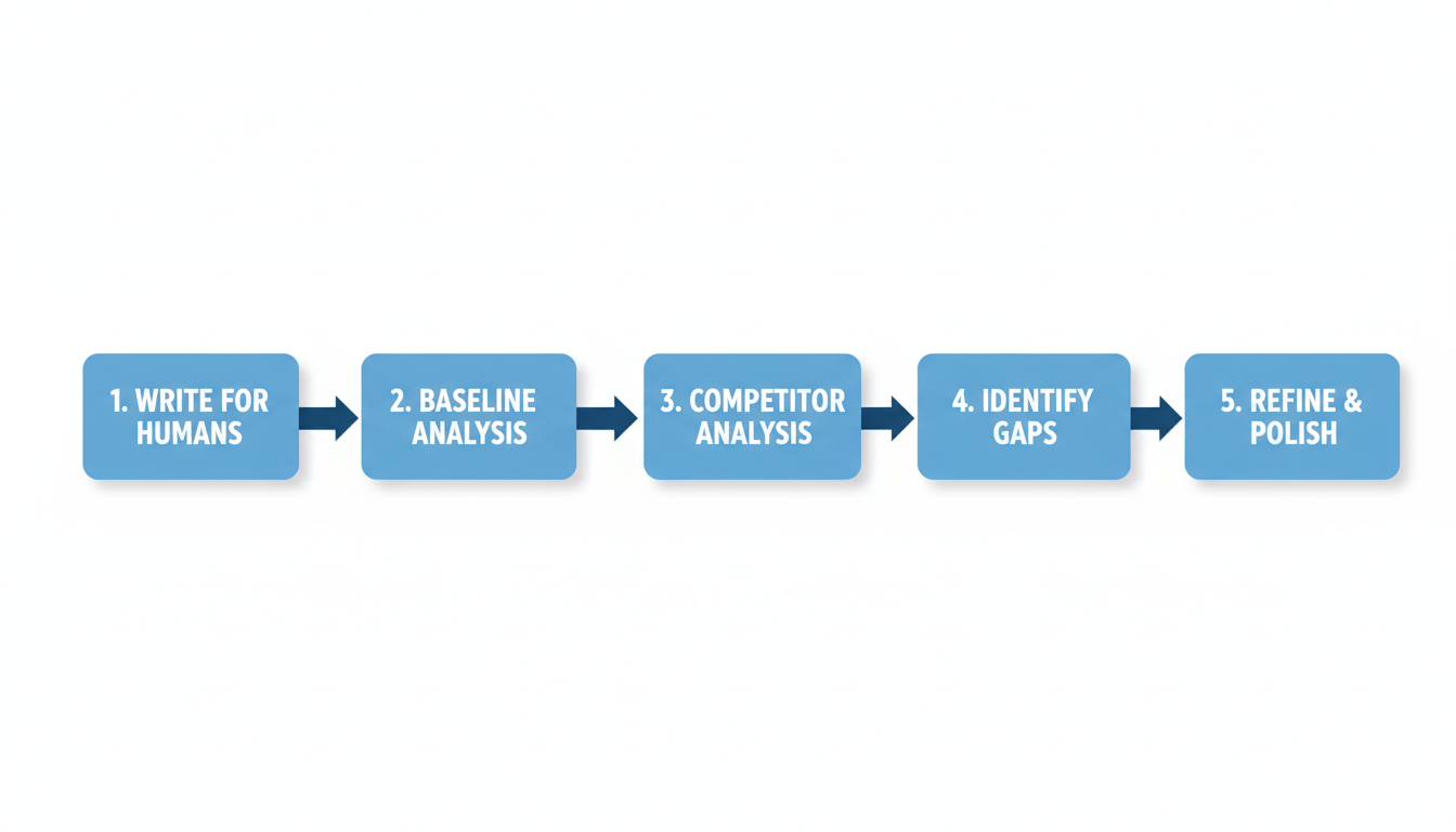 Keyword Density Checker - A clean, professional flowchart diagram illustrating the 5-step workflow. Each step is a box connected by arrows: 1. "Write for Humans" -> 2. "Baseline Analysis" -> 3. "Competitor Analysis" -> 4. "Identify Gaps" -> 5. "Refine & Polish".