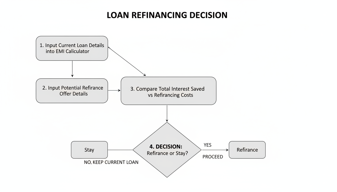 A professional minimalist flowchart showing the decision-making process: 1. Input current loan details into EMI calculator. 2. Input potential refinance offer details. 3. Compare total interest saved vs. refinancing costs. 4. Decision: Refinance or Stay?