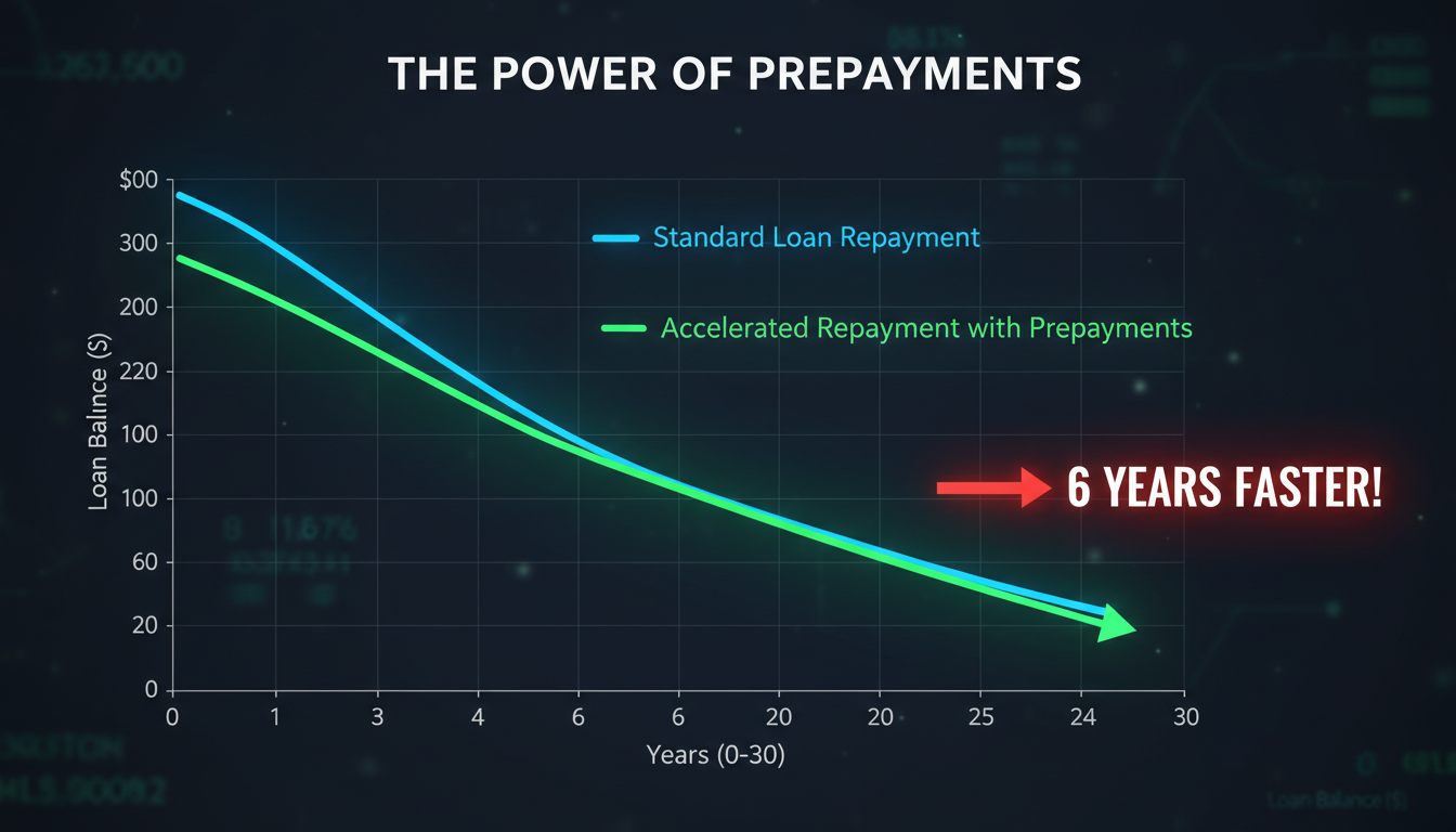 A dramatic data trend graph comparing two lines. The blue line shows the loan balance decreasing over 30 years. The green line, representing the loan with prepayments, starts at the same point but drops much faster, hitting zero nearly 6 years earlier.
