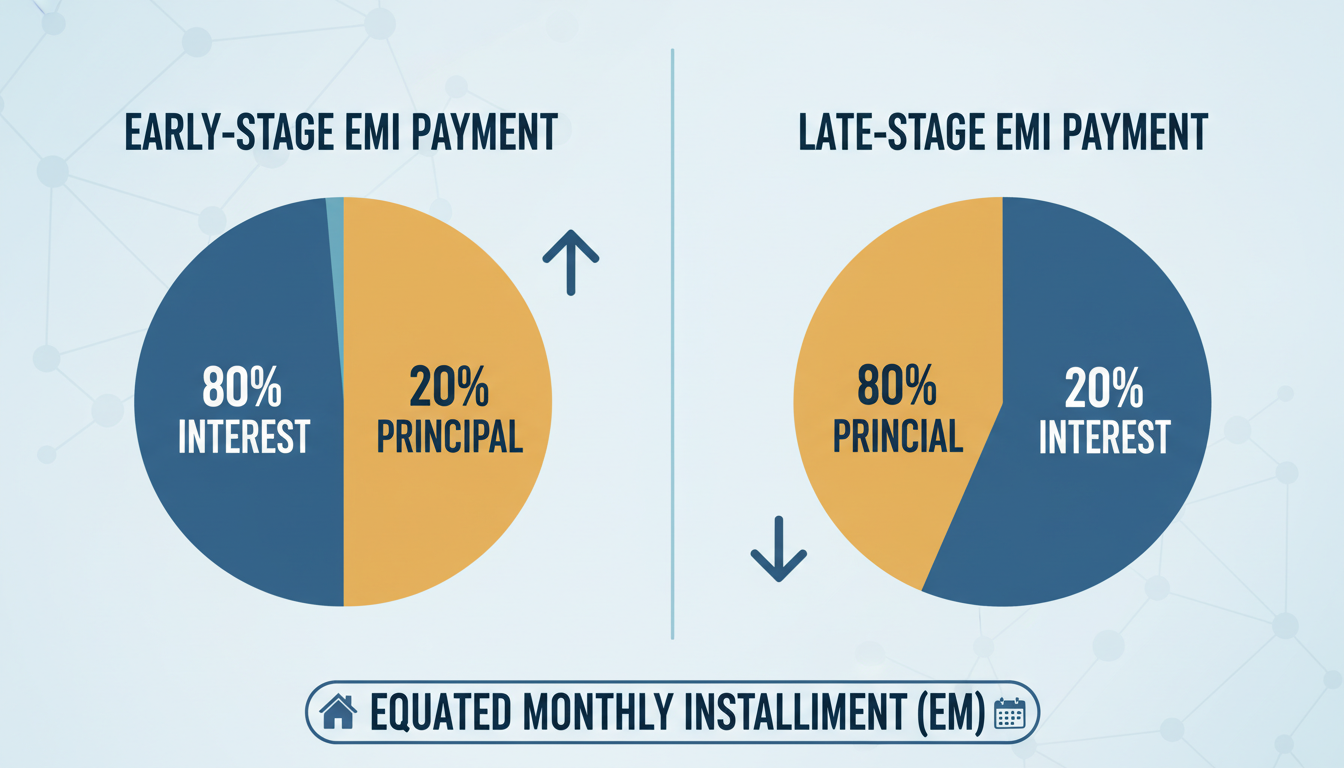 Educational infographic showing a pie chart of an early-stage EMI payment (80% Interest, 20% Principal) next to a pie chart of a late-stage EMI payment (20% Interest, 80% Principal).