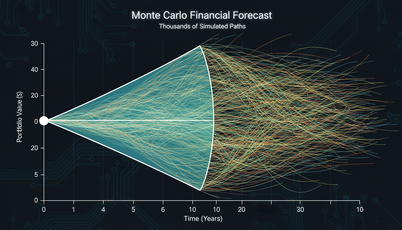 A data trend graph illustrating a Monte Carlo simulation for financial forecasting, showing thousands of possible colorful outcome lines branching from a central starting point, with a highlighted cone of probability.