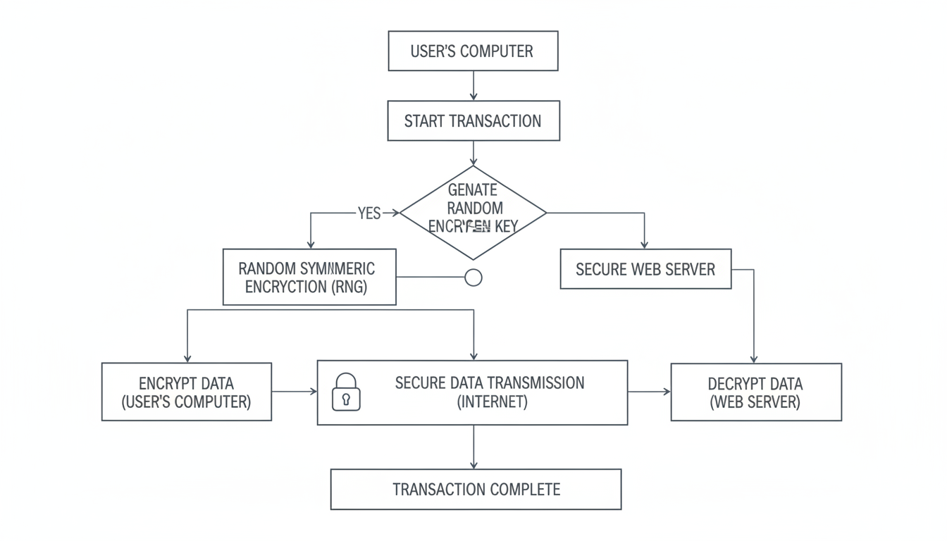 A professional minimalist flowchart showing how a random number generator creates an encryption key to secure an online transaction between a user's computer and a secure web server.