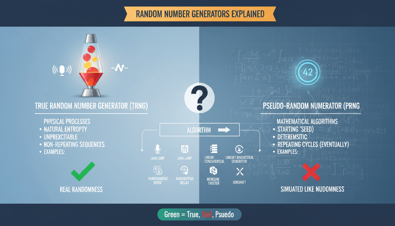 An educational infographic comparing a True Random Number Generator (TRNG) using a physical process like a lava lamp or atmospheric noise, versus a Pseudo-Random Number Generator (PRNG) using a mathematical algorithm with a seed.