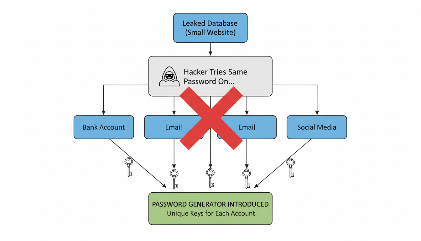 A minimalist flowchart diagram showing the "Credential Stuffing Domino Effect." Start with a "Leaked Database" from a small website, an arrow points to a hacker trying the same password on a "Bank Account," "Email," and "Social Media," with a big red "X" over the process when a password generator is introduced, showing each account has a unique key.
