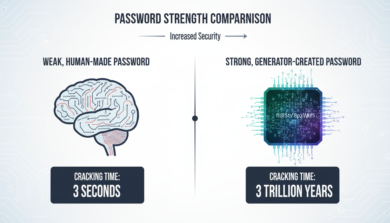 High-quality infographic visually comparing a weak, human-made password to a strong, generator-created password. Show a brain with predictable patterns on one side and a computer chip with random characters on the other, with cracking times displayed prominently below each.
