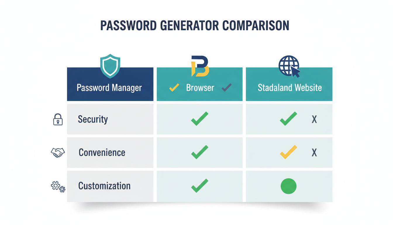 A clean, modern comparison chart graphic of the three generator types (Password Manager, Browser, Standalone Website) with icons and checkmarks for features like 'Security', 'Convenience', and 'Customization'.