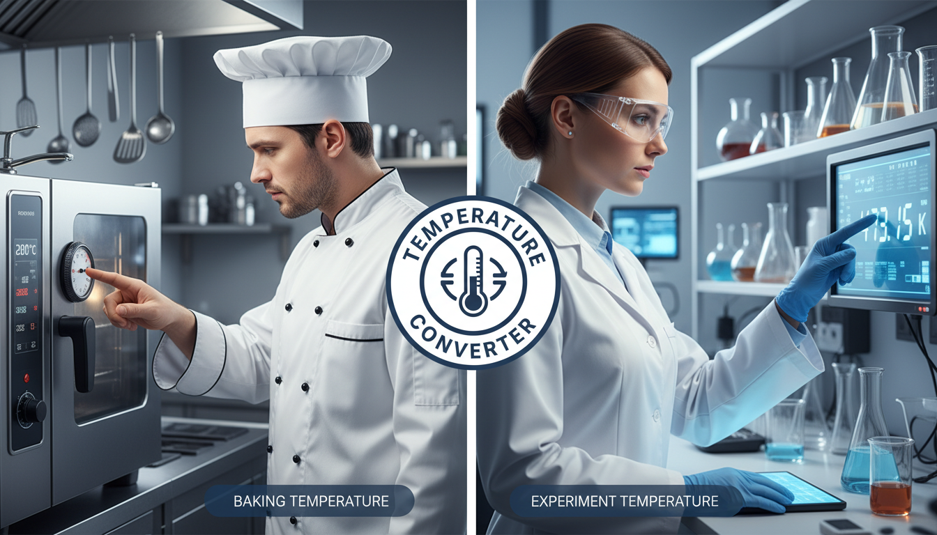 temperature converter - High-quality split-screen graphic. Left side shows a chef looking at an oven dial in Celsius. Right side shows a scientist looking at a digital lab readout in Kelvin. Both point to a central 'Temperature Converter' icon.