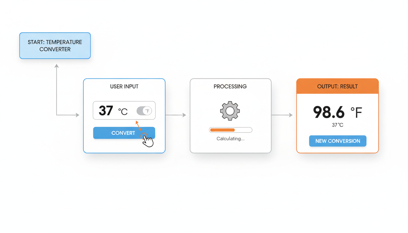 temperature converter - Clean, modern step-by-step UI flowchart showing a user inputting 37 degrees Celsius into a digital converter and getting 98.6 degrees Fahrenheit as the output.
