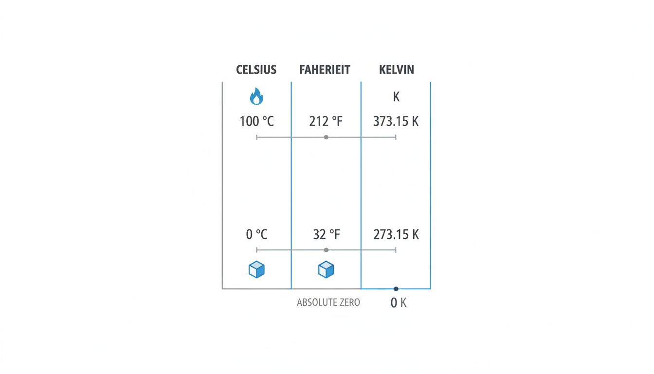 temperature converter - Professional minimalist infographic comparing a thermometer in Celsius, Fahrenheit, and Kelvin, showing the freezing and boiling points of water across all three scales.