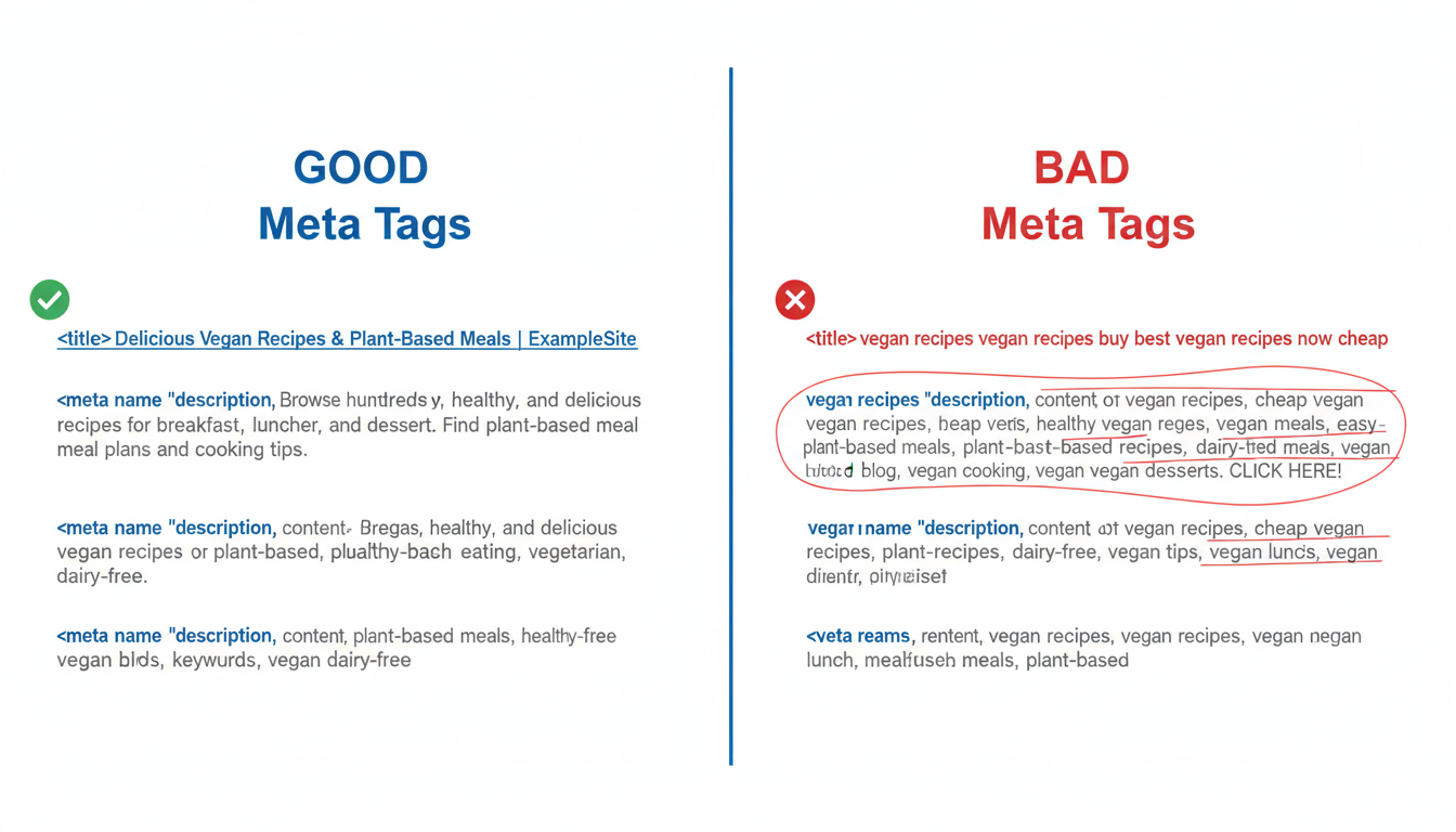 Meta Tag Generator - comparison visual showing 'Good' vs 'Bad' meta tag examples, highlighting keyword stuffing errors versus clean, optimized code