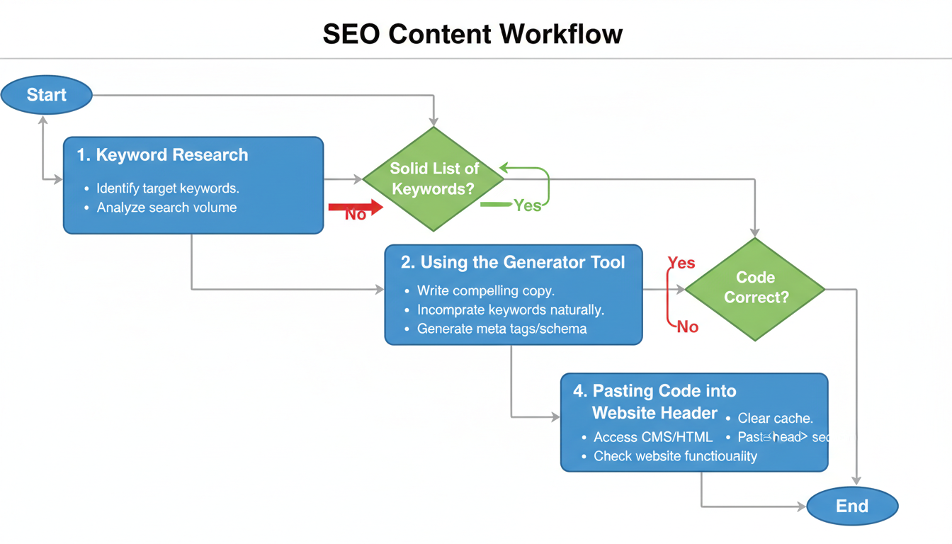 Meta Tag Generator - step-by-step process flowchart illustrating the workflow from keyword research to drafting copy, using the generator tool, and finally pasting code into the website header