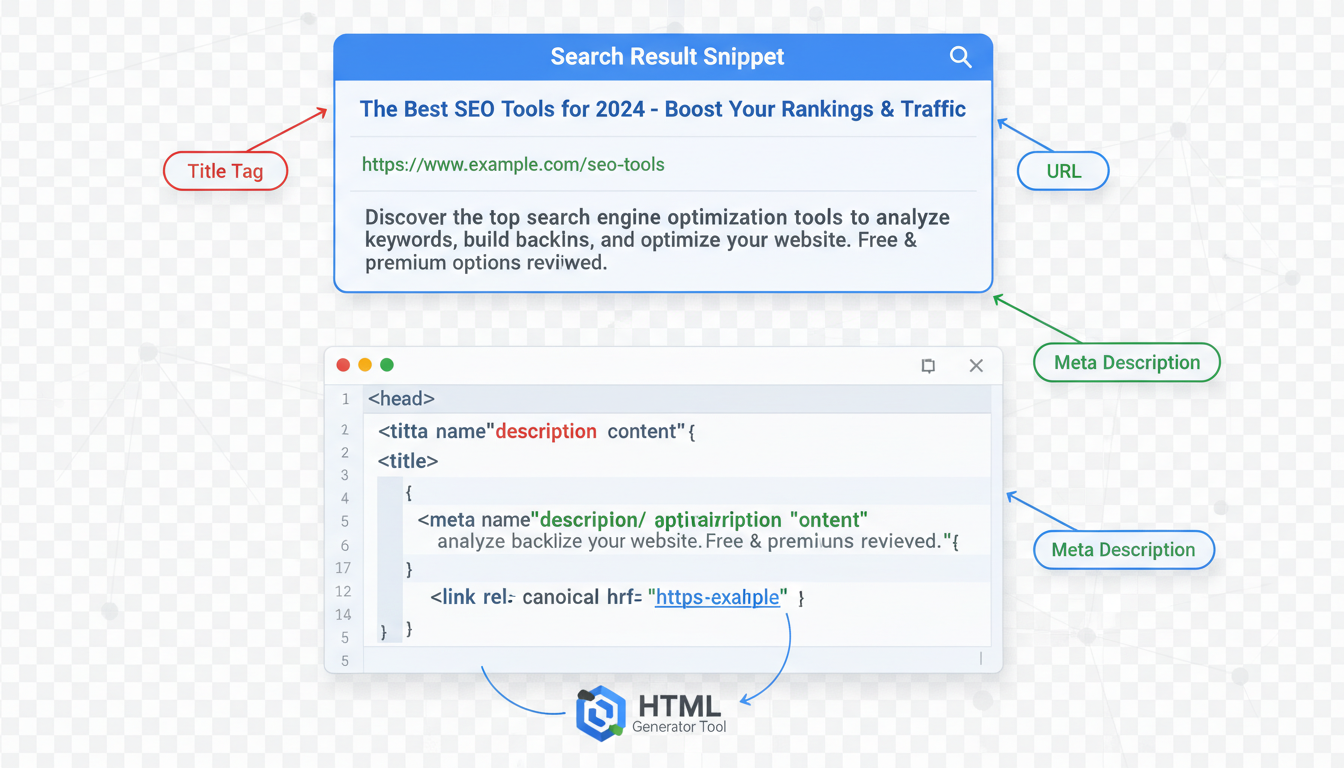 Meta Tag Generator - detailed infographic showing the anatomy of a Google search result snippet, highlighting the Title Tag, Meta Description, and URL, connecting them to the underlying HTML code generated by a tool
