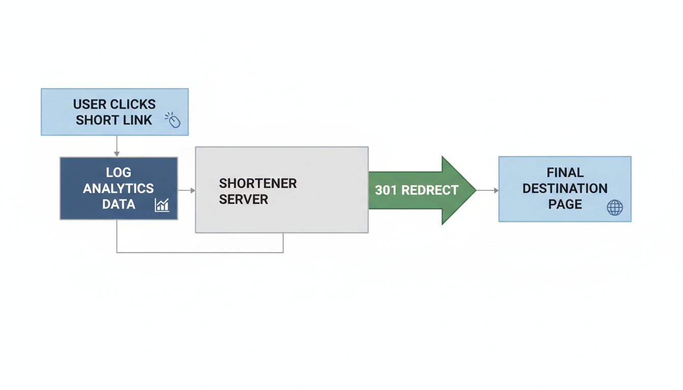 URL shortener - Professional minimalist flowchart showing the technical workflow of a URL shortener, illustrating a user clicking a short link, the server logging analytics data, and the 301 redirect to the final destination page.