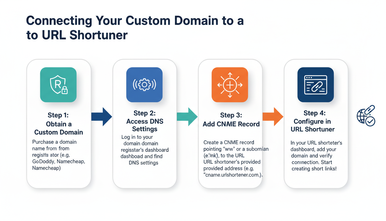 URL shortener - Detailed step-by-step diagram showing the process of connecting a custom domain to a URL shortener, featuring icons for a domain registrar, DNS settings, and a link management dashboard.