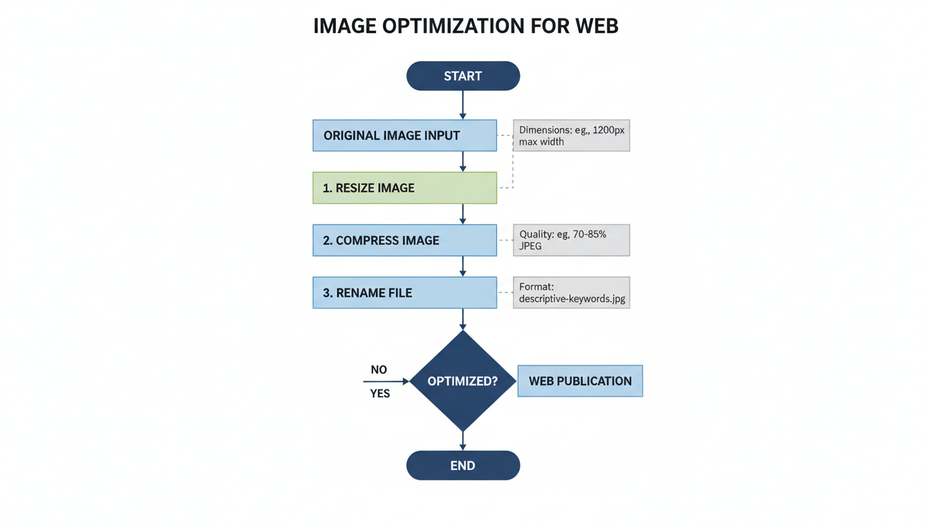 image resizer - professional minimalist flowchart showing the workflow of resizing, compressing, and renaming an image for web publication
