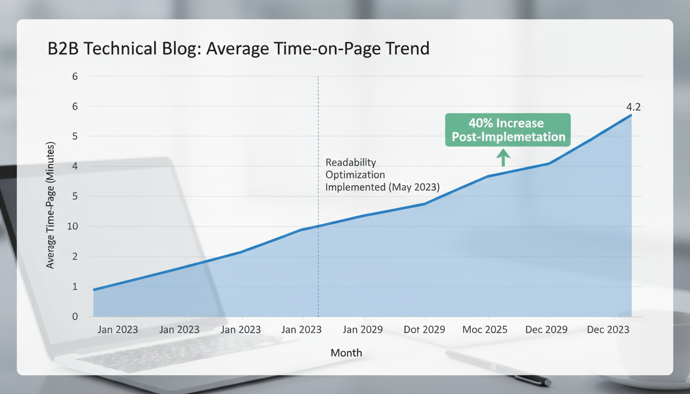 readability tool - data trend graph showing a 40% increase in average time-on-page for a B2B technical blog after implementing readability optimization strategies