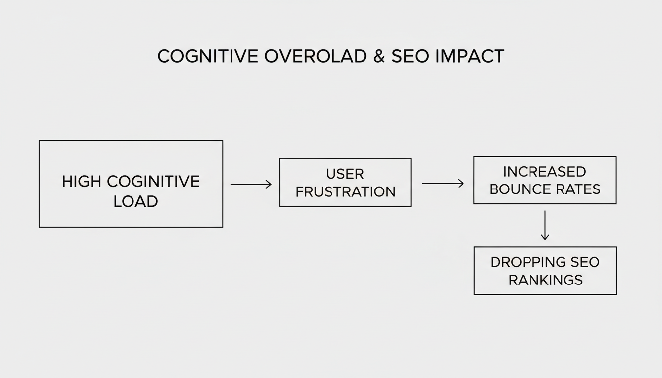 readability tool - professional minimalist flowchart showing the relationship between high cognitive load, user frustration, increased bounce rates, and dropping SEO rankings