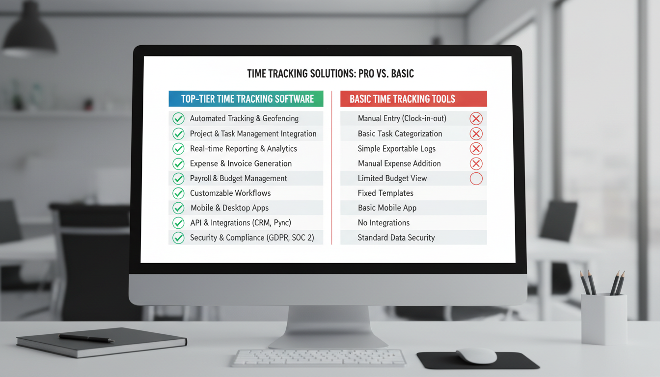time tracker - Detailed technical comparison chart as a high-quality graphic, showing essential features of top-tier time tracking software versus basic tools