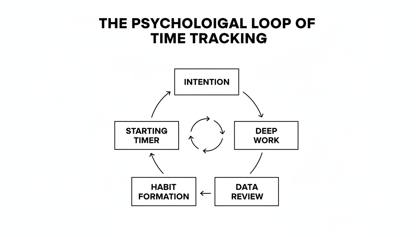 time tracker - Professional minimalist flowchart showing the psychological loop of time tracking: Intention -> Starting Timer -> Deep Work -> Data Review -> Habit Formation