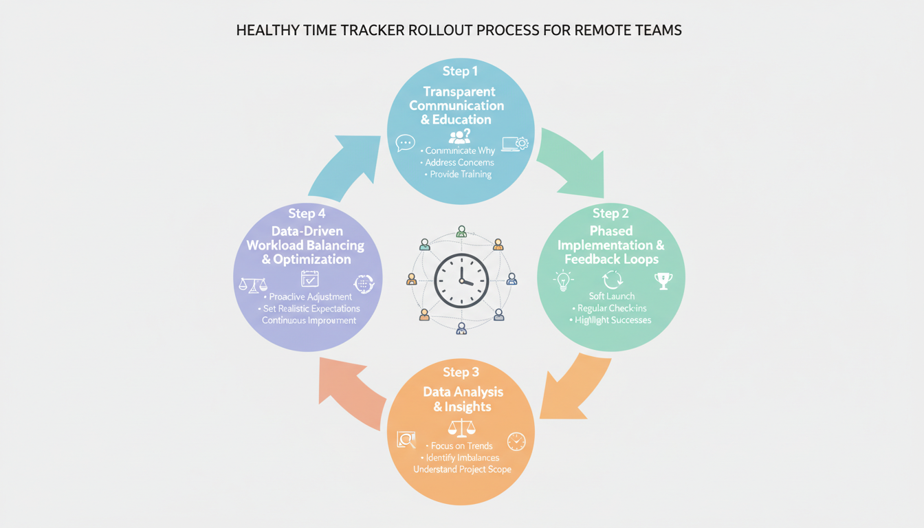 time tracker - Step-by-step diagram illustrating a healthy time tracker rollout process for remote teams, moving from transparent communication to data-driven workload balancing
