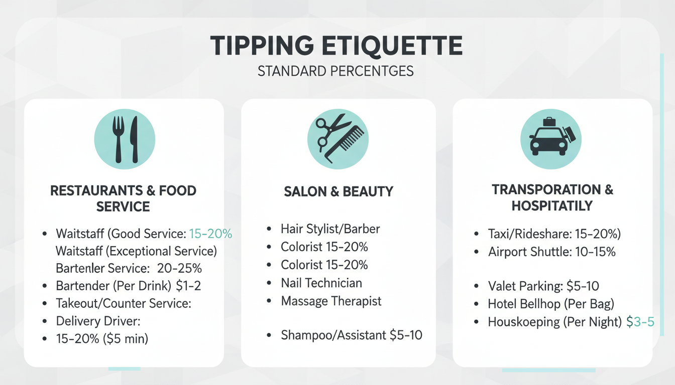 tip calculator - High-quality graphic cheat sheet showing standard tipping percentages for different service industries like restaurants, salons, and transportation