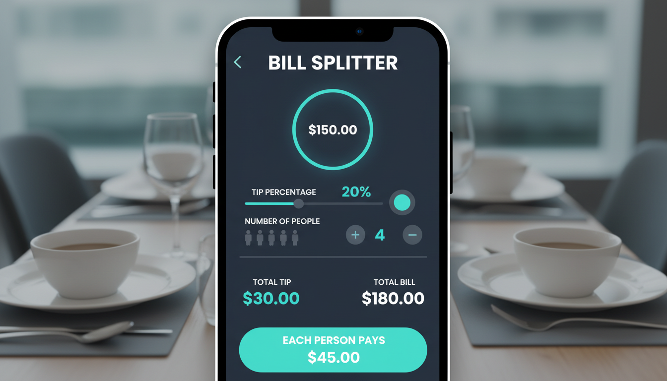 tip calculator - Clean, modern UI mockup of a smartphone tip calculator app showing a bill split evenly among 4 people