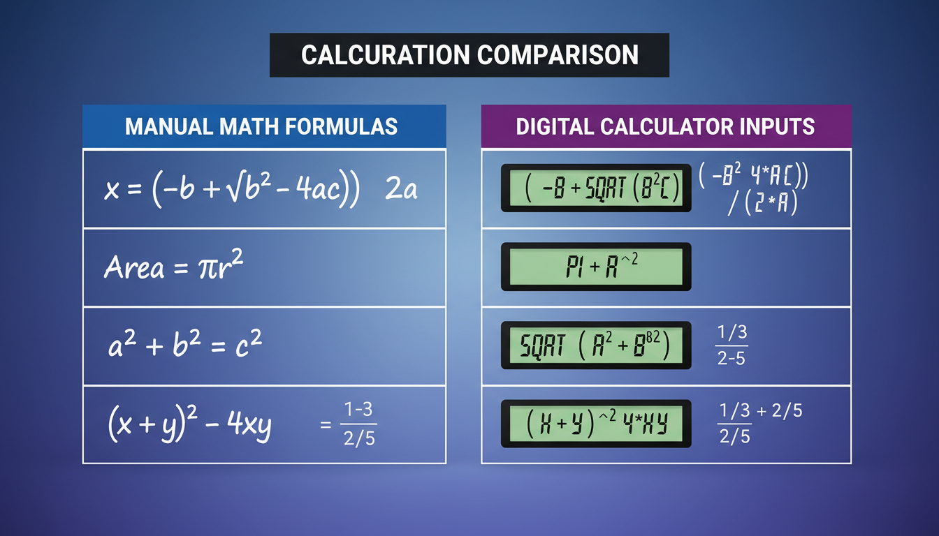 percentage calculator - Detailed comparison table as a high-quality graphic showing manual math formulas versus digital calculator inputs