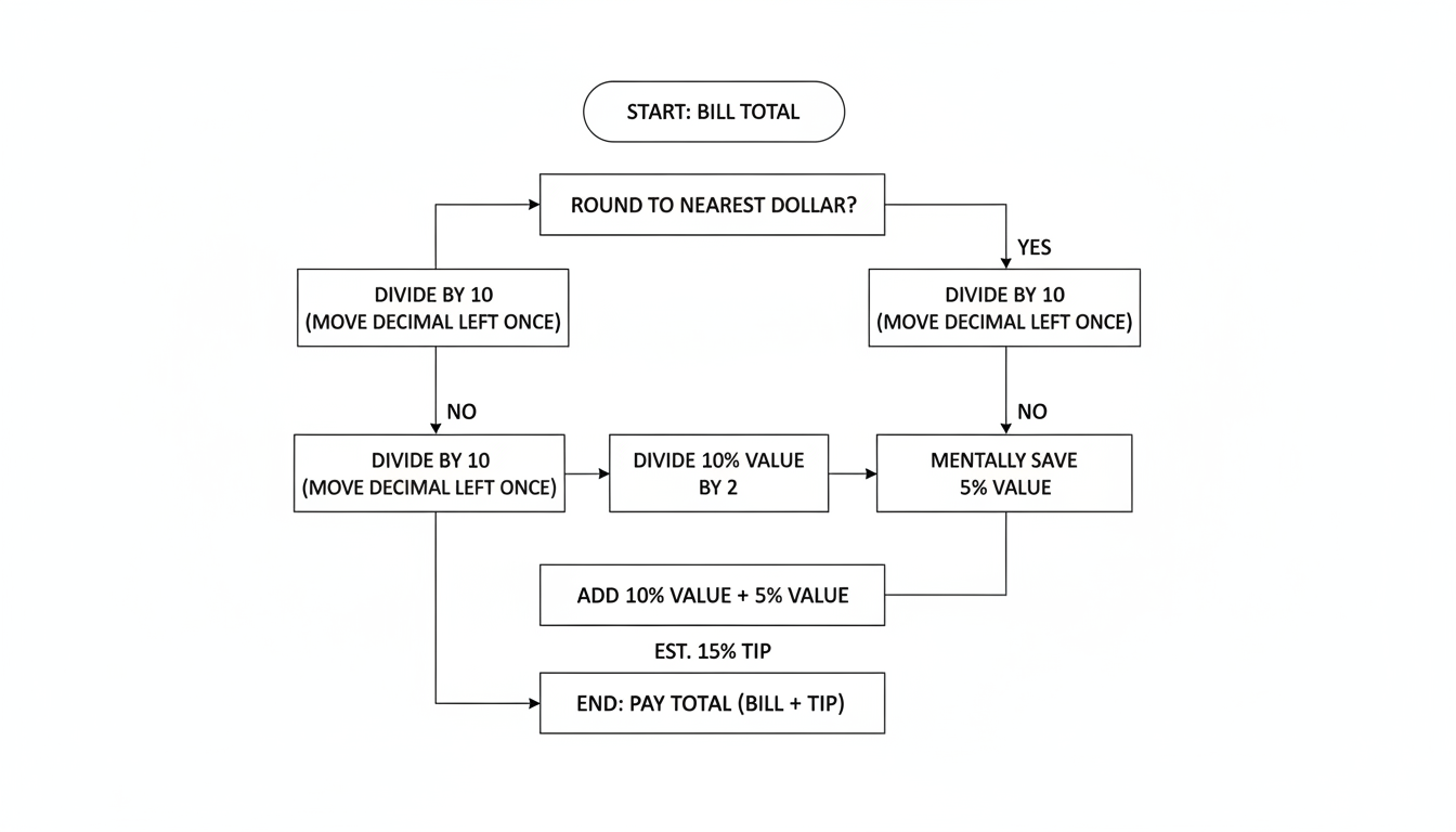 percentage calculator - Professional minimalist flowchart showing the mental workflow of calculating a 15% tip without a digital device