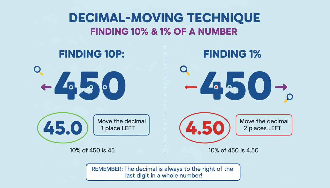 percentage calculator - High-quality educational infographic demonstrating the decimal-moving technique for finding 10% and 1% of a number