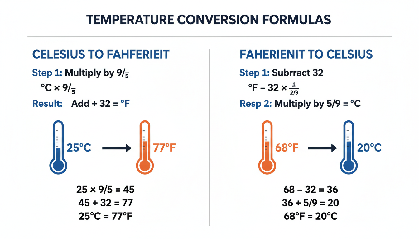temperature converter - step-by-step diagram showing the mathematical formulas for converting between Celsius and Fahrenheit with a clear visual example