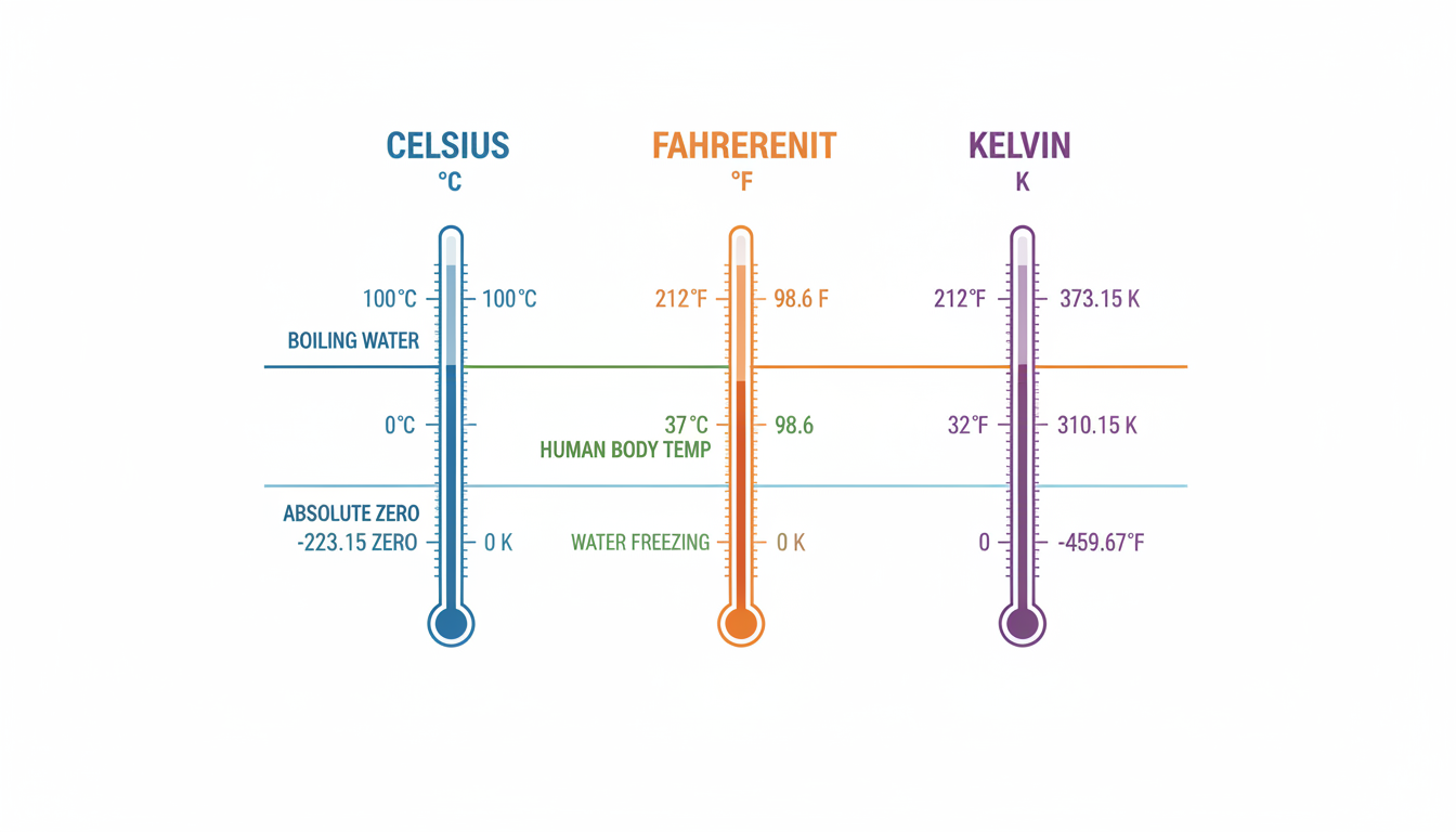 temperature converter - professional minimalist infographic comparing Celsius, Fahrenheit, and Kelvin scales side-by-side with key temperature benchmarks