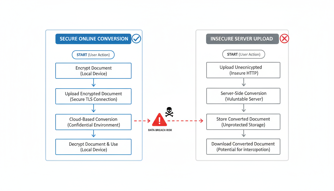 online converter tool - professional minimalist flowchart showing the secure workflow of converting a sensitive document online versus an insecure server upload