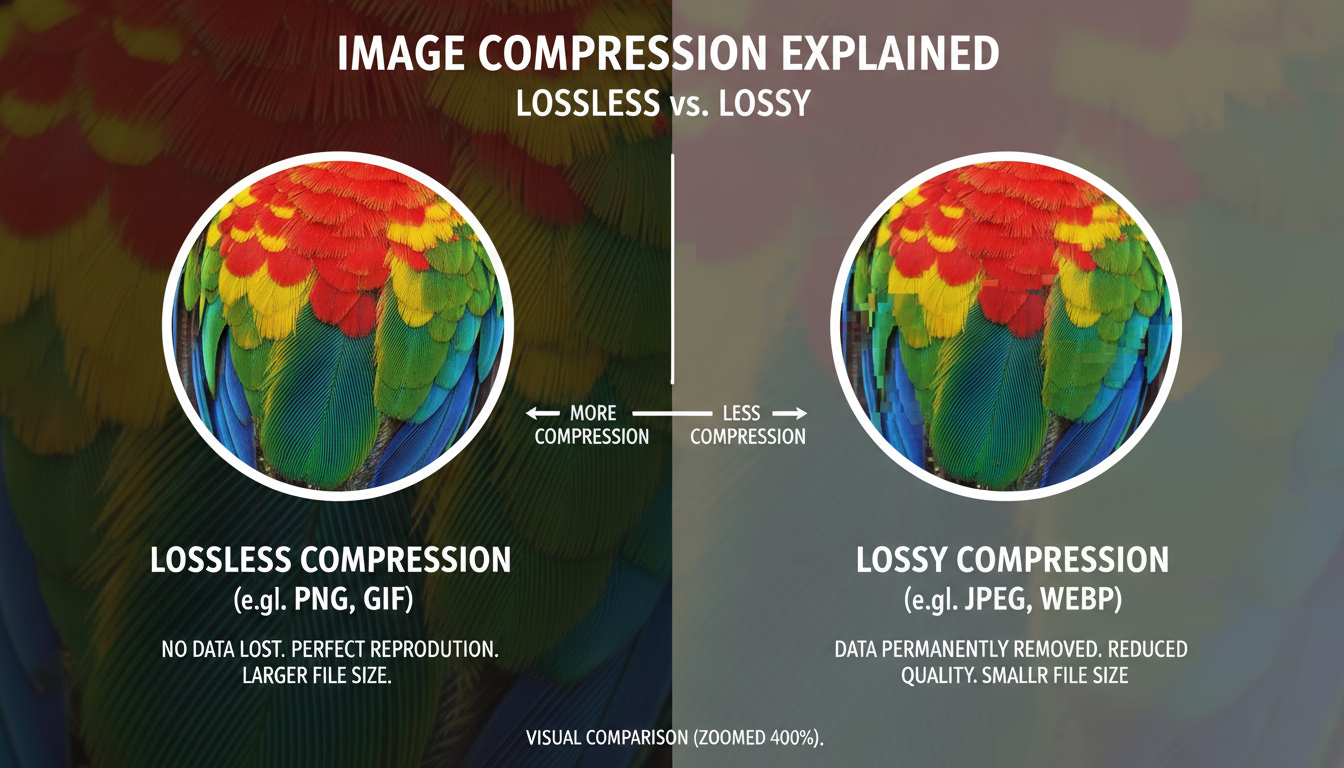 online converter tool - educational infographic explaining the visual difference between lossless and lossy image compression using a zoomed-in photograph