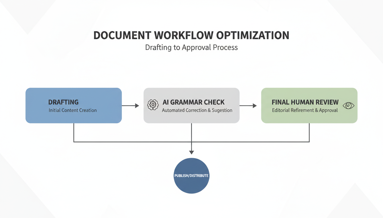 grammar checker - professional minimalist flowchart showing the workflow of drafting, AI grammar checking, and final human review