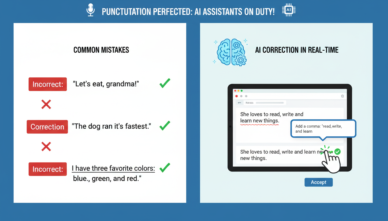 grammar checker - educational infographic demonstrating common punctuation mistakes and how AI tools correct them in real-time