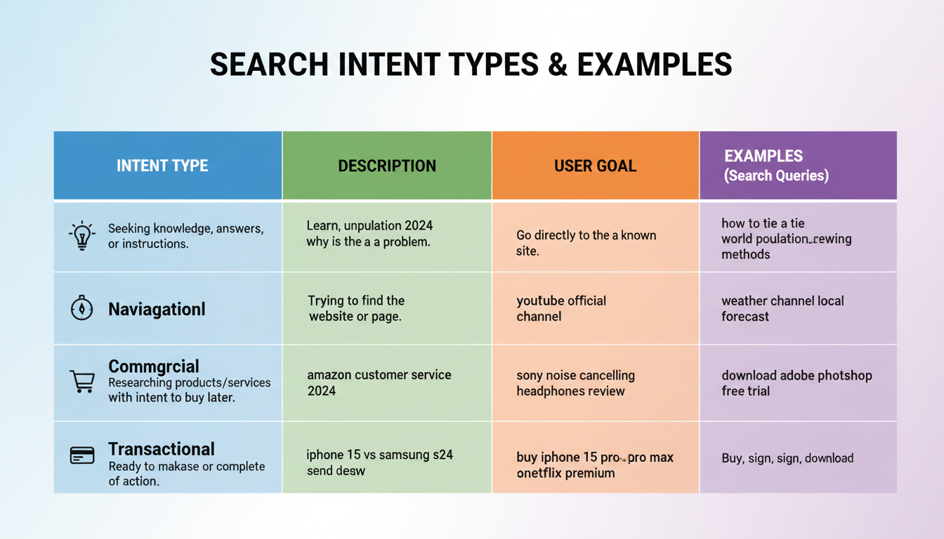SEO content strategy - detailed comparison table as a high-quality graphic showing the four types of search intent: Informational, Navigational, Commercial, and Transactional with examples for each