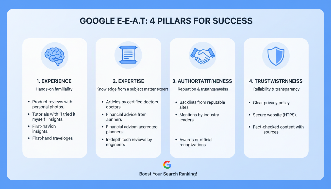 SEO content strategy - educational infographic breaking down the four pillars of Google E-E-A-T with actionable examples for each pillar