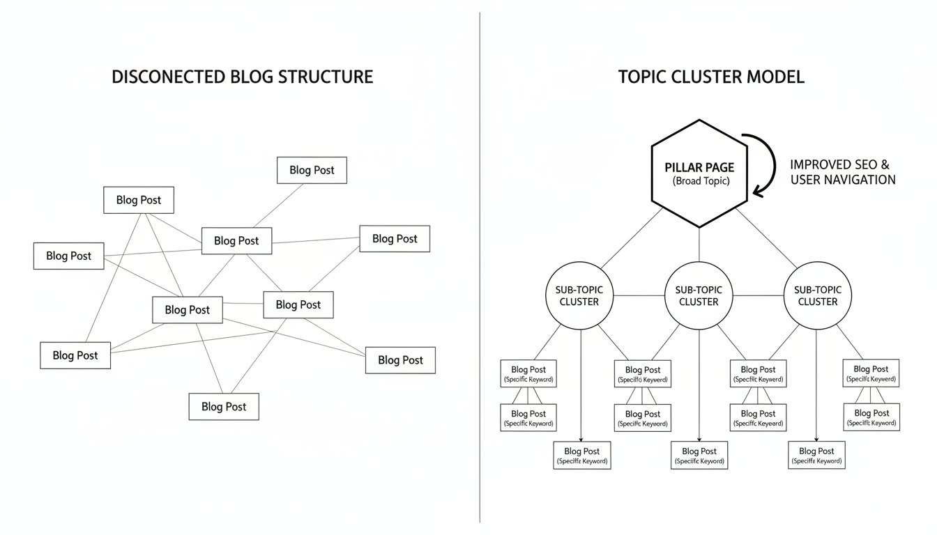 SEO content strategy - professional minimalist flowchart showing the difference between a disconnected blog structure and a highly organized topic cluster model