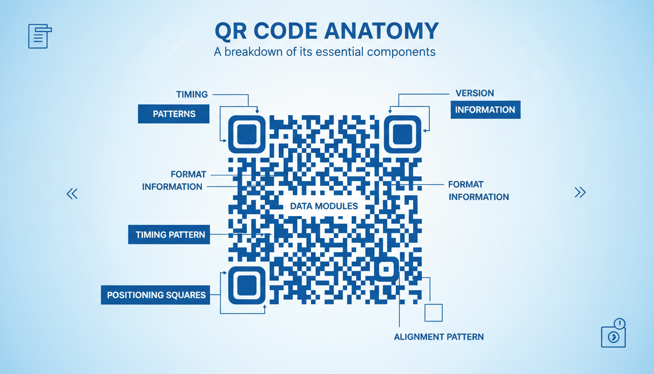 QR code generator - High-quality infographic illustrating the anatomy of a QR code, highlighting the positioning squares, alignment patterns, and data modules