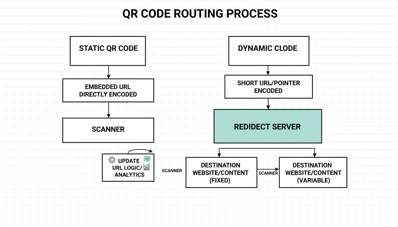 QR code generator - Professional minimalist flowchart showing the routing process of a dynamic QR code versus a static QR code, highlighting the redirect server step