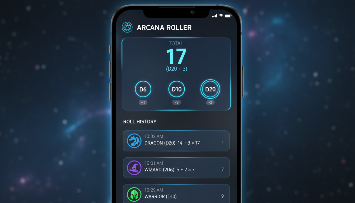 use of dice roller - A sleek, modern user interface mockup of a mobile dice roller app showing a history log of rolls with timestamps and user avatars.