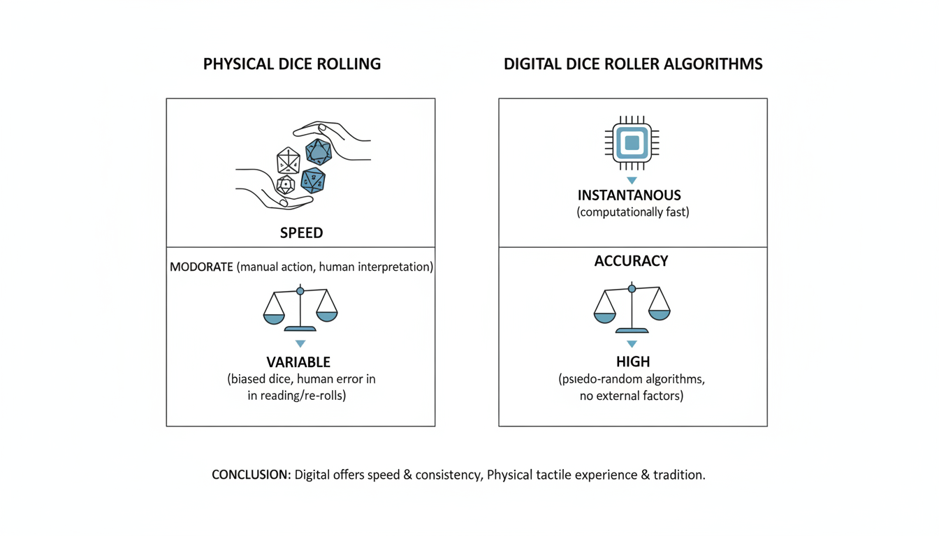 use of dice roller - Professional minimalist comparison chart showing the speed and accuracy differences between physical dice rolling and digital dice roller algorithms.