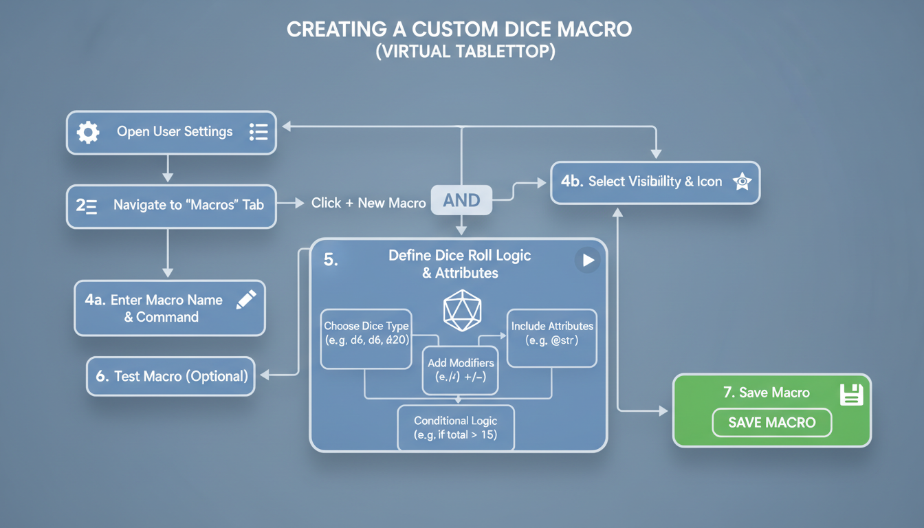 use of dice roller - A step-by-step flowchart graphic showing the process of creating a custom dice macro in a virtual tabletop environment, from opening settings to clicking the final button.